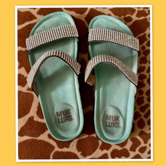 Muk Luks Women’s Teal Blue Black Rhinestone Strap Slides - Picture 2 of 3